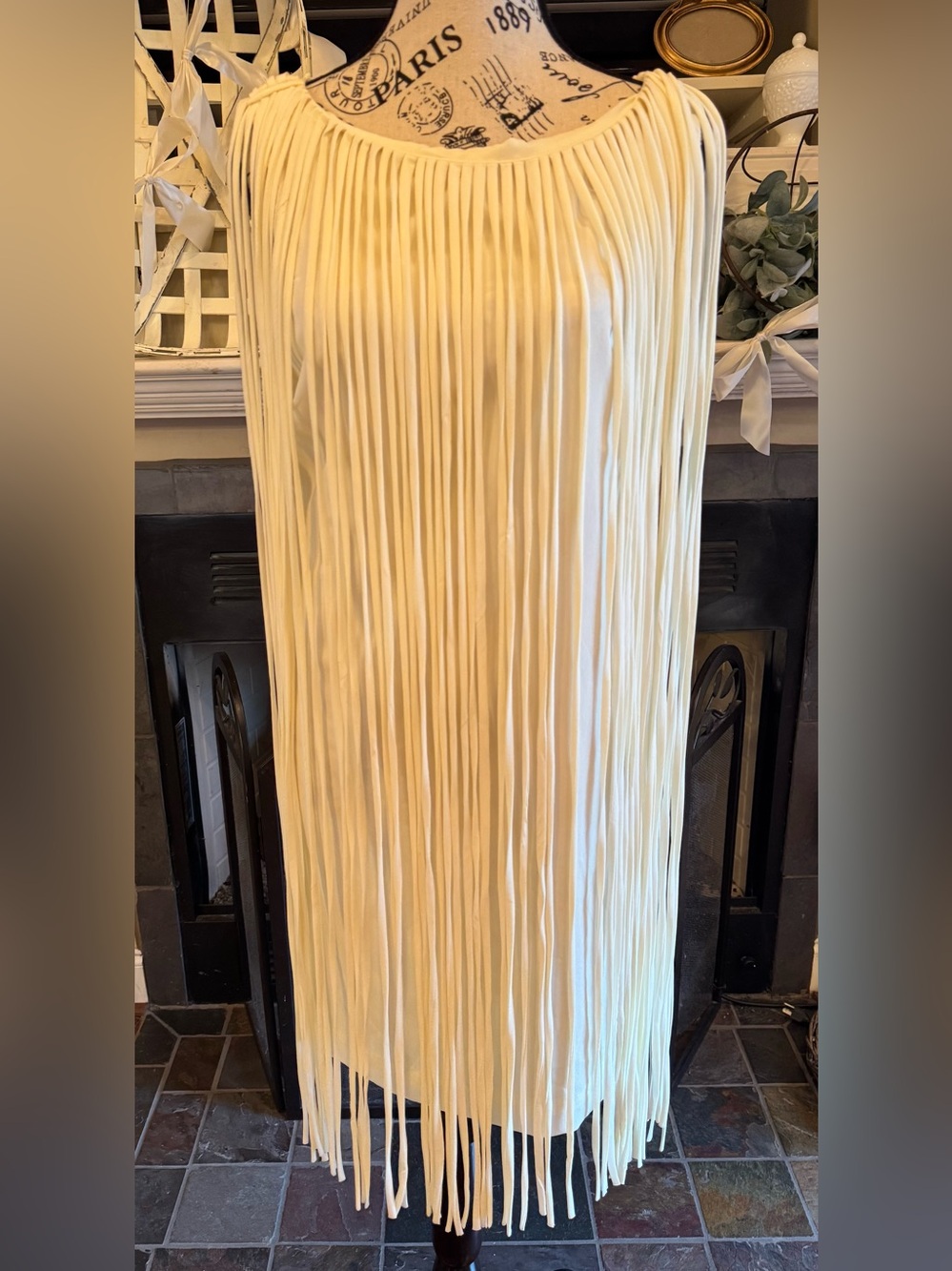 Cream Ivory Fringe Overlay Shift Dress Sleeveless Tassel Macrame Wedding NWT MED